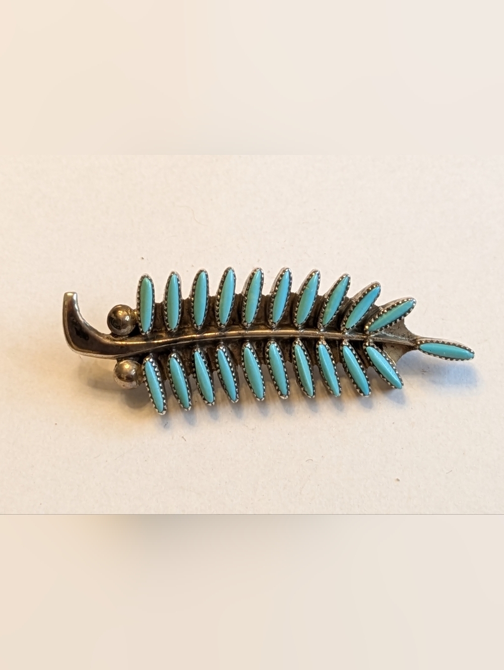 Zuni E.B.W. Sterling Silver Needlepoint Turquoise Feather Pin Pendant